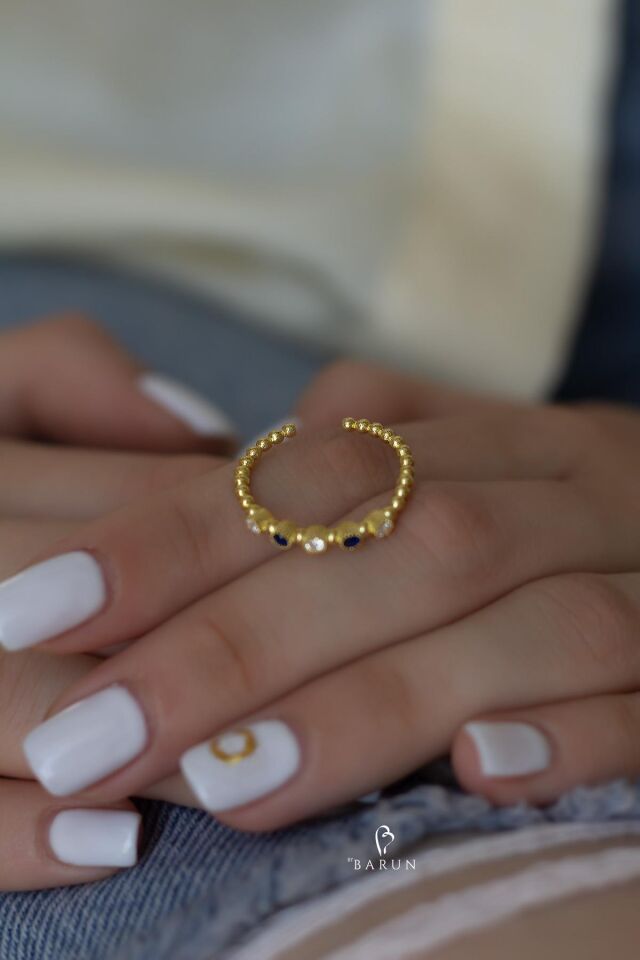 Yuvarlak Safir Beyaz Taşlı Ayarlanabilir Model 925 Ayar Gümüş Yüzük- Sarı Renk