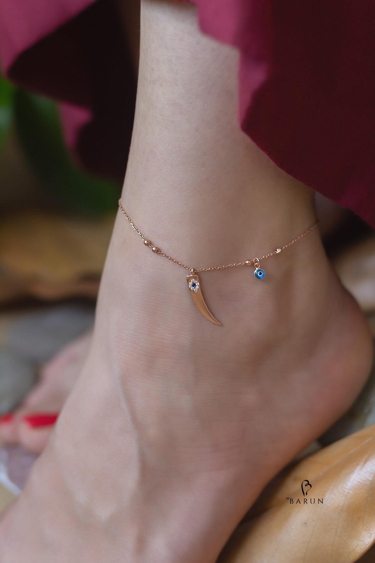 Şans Göz Nazar Fildişi 925 Ayar Safir Taş Gümüş Halhal,Rose