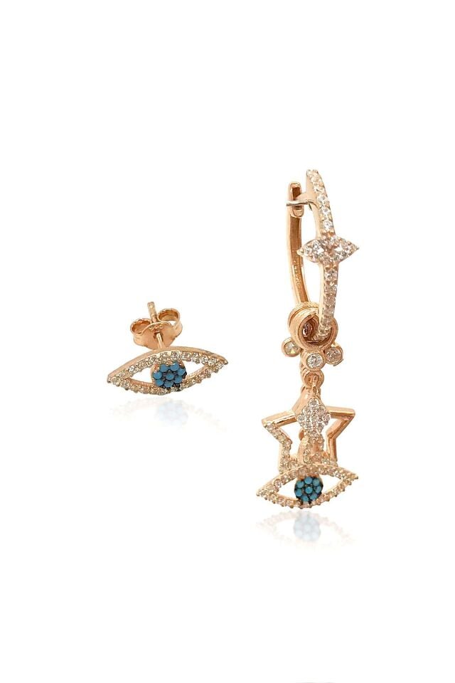 Tek Kulaklı Gözlü Şans Küpe - Rose