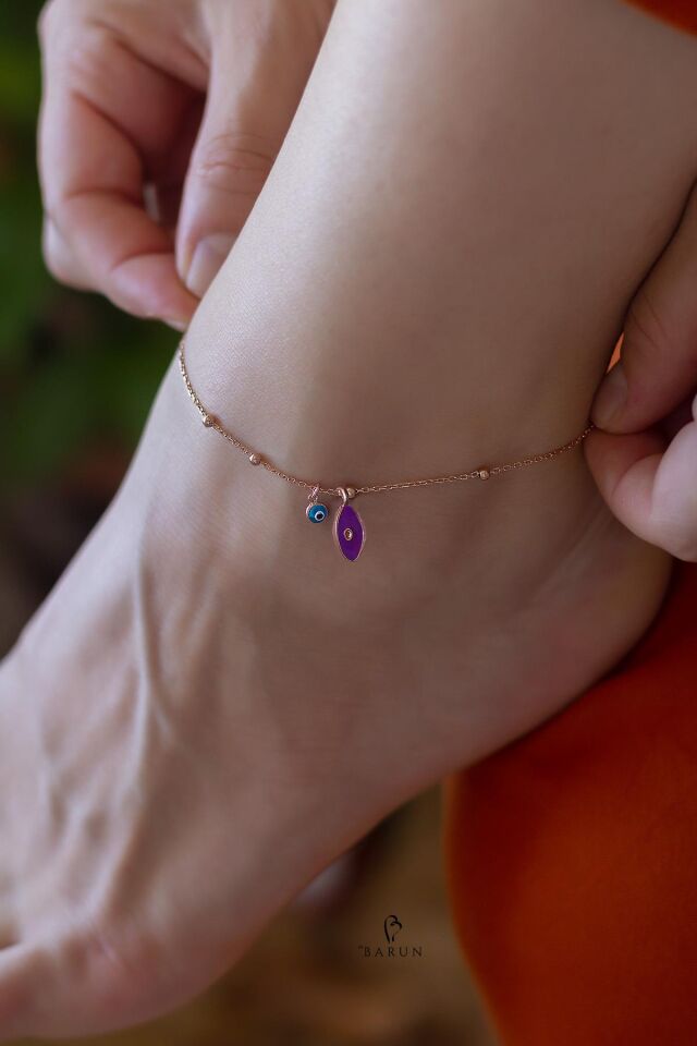 Mor Neon Oval Badem Model Göz Nazar Taşlı  Mineli Gümüş Halhal