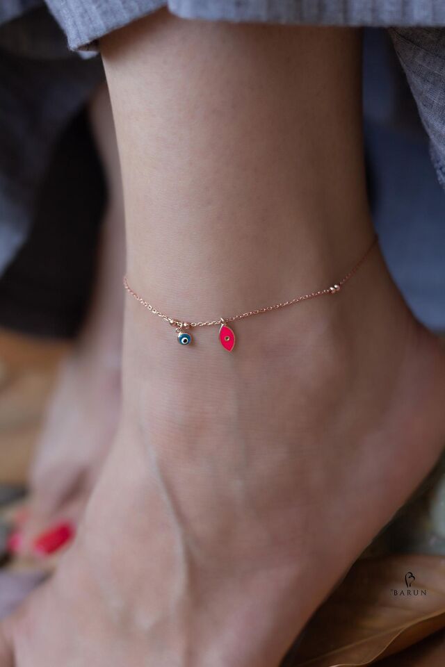 Mor Neon Oval Badem Model Göz Nazar Taşlı  Mineli Gümüş Halhal