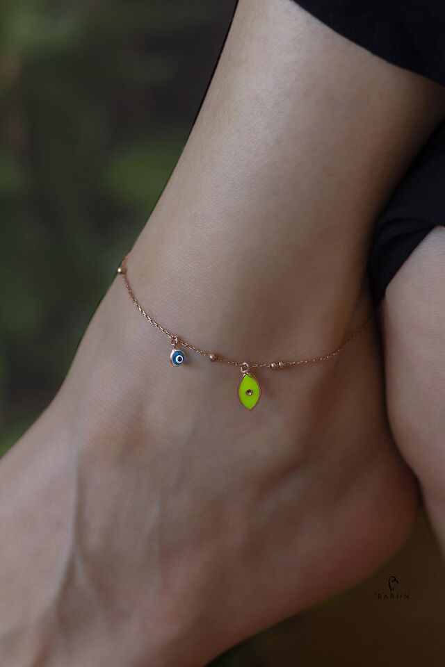 Mor Neon Oval Badem Model Göz Nazar Taşlı  Mineli Gümüş Halhal