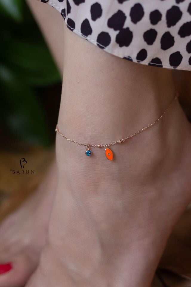 Mor Neon Oval Badem Model Göz Nazar Taşlı  Mineli Gümüş Halhal