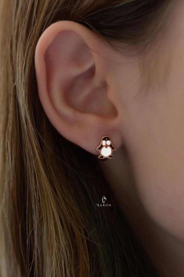 Penguen Kuş Model Mineli Çocuk Küpesi 925 Ayar Gümüş