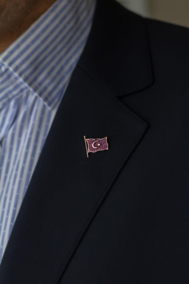 Türk Bayrağı Rozeti,Ay Yıldız Dalgalanan 925 Ayar Gümüş Ufak Yaka Rozeti