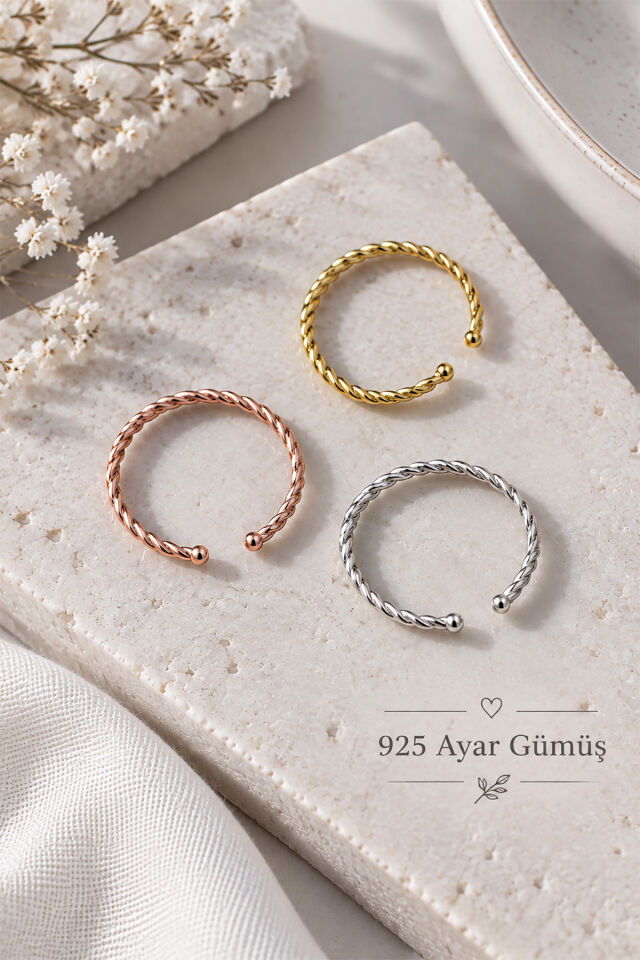Üçlü Burgu Model Ayarlanabilir Kadın Yüzük Seti Silver Gold Rose 925 Ayar Gümüş