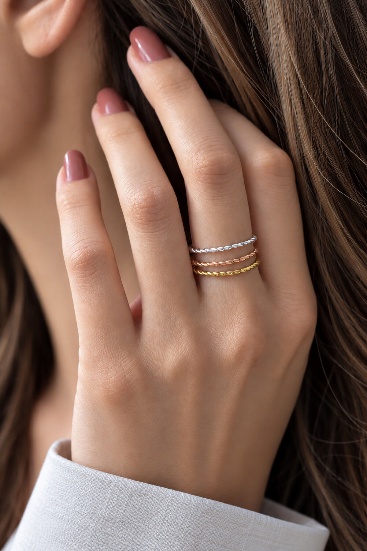 Üçlü Burgu Model Ayarlanabilir Kadın Yüzük Seti Silver Gold Rose 925 Ayar Gümüş