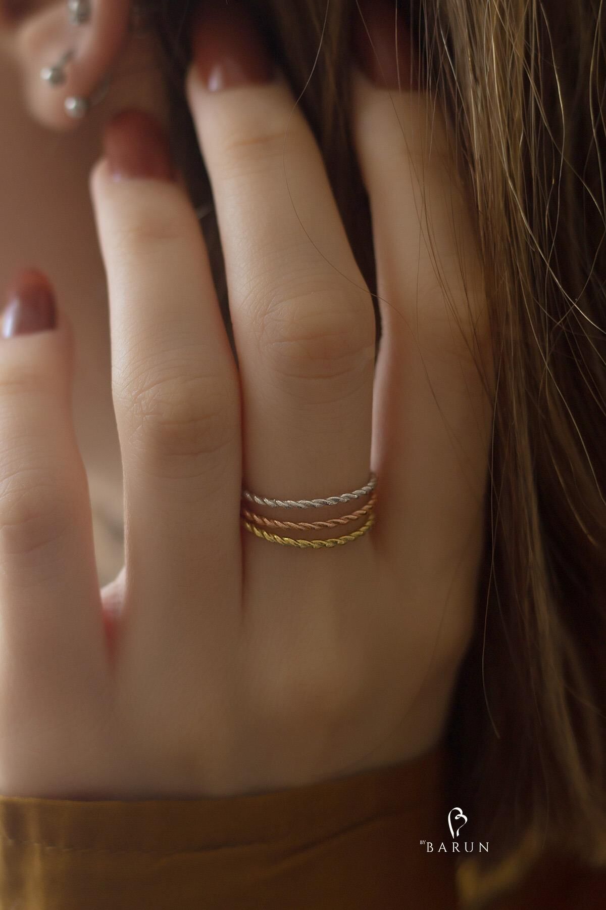 Üçlü Gümüş Kombin Yüzük Ayarlanabilir 925 Ayar Yüzük