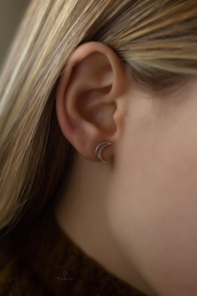 Mini Ay Yıldız Hilal Yarım Ay 925 Ayar Gümüş Küpe