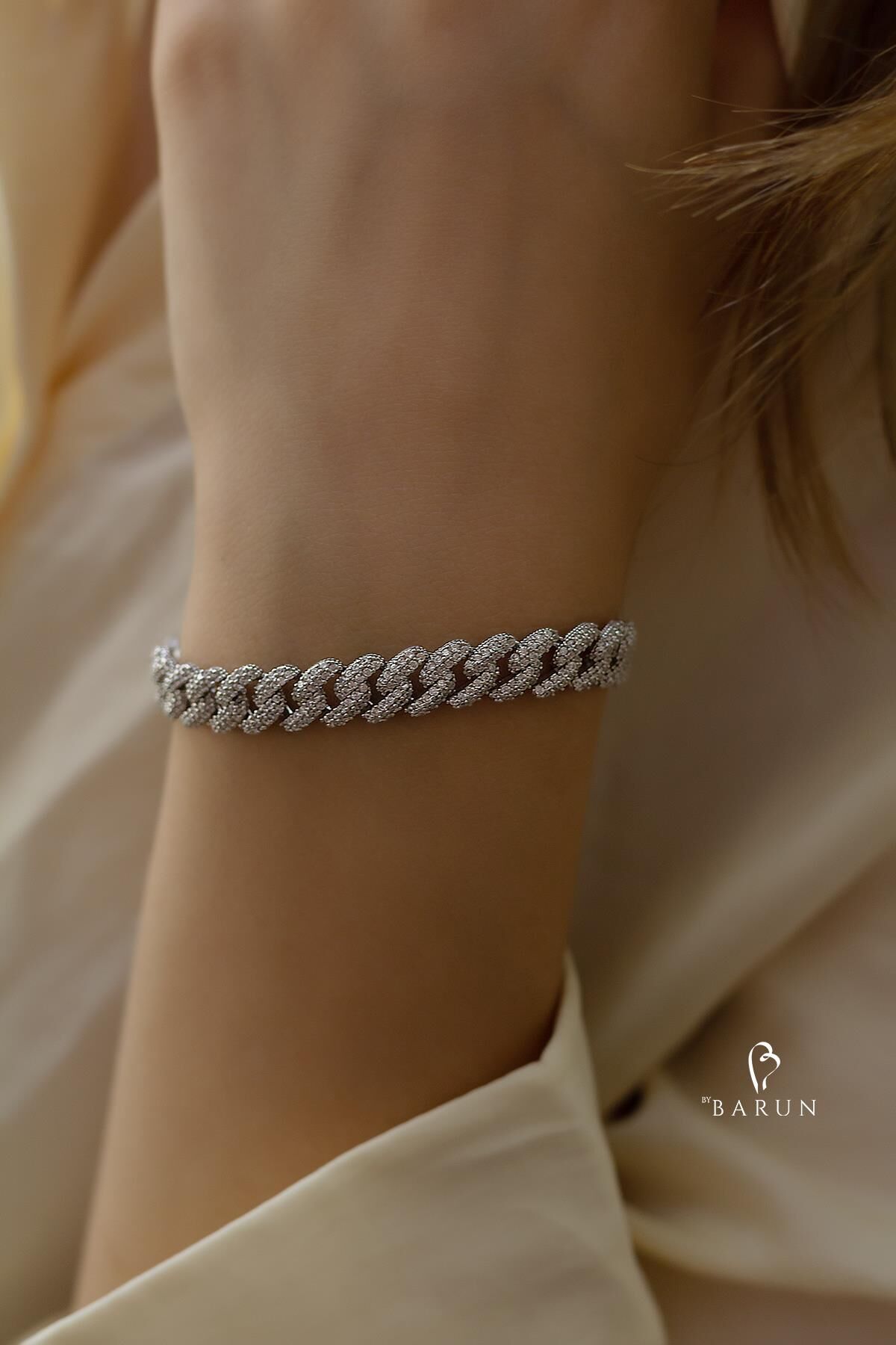 Kalın Örme Gurmet Zincir Bileklik 925 Ayar Kilit Model Taşlı Bileklik