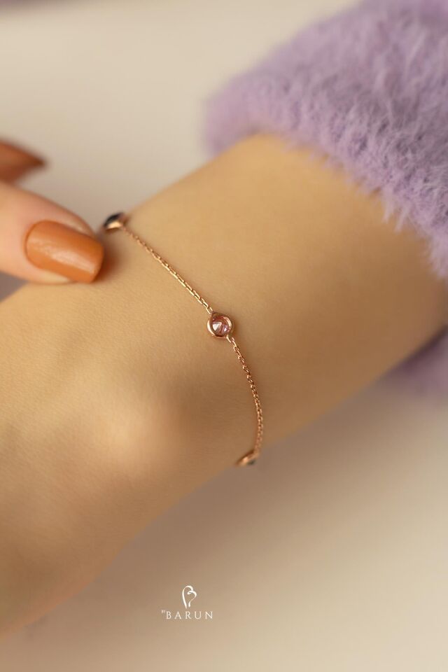 Renkli ve Siyah Yuvarlak Sıra Taşlı 925 Ayar Gümüş Zincir Bileklik