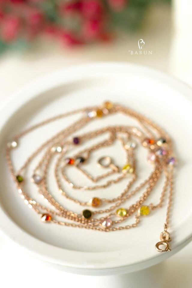 Uzun Zincir Sıralı Renkli Taşlı 925 Ayar 1 Metre Gümüş Kolye