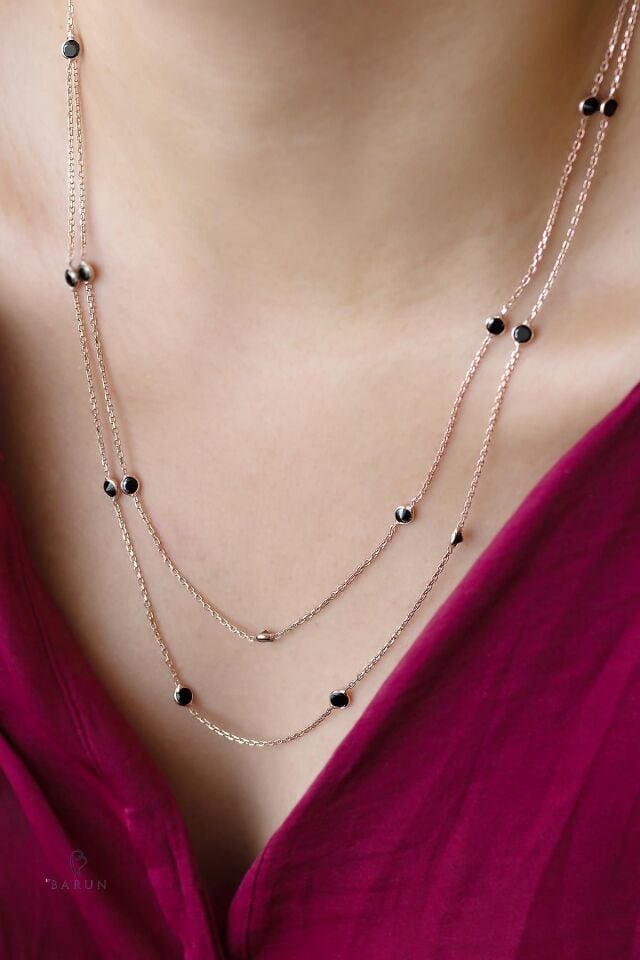 Uzun Zincir Sıralı Renkli Taşlı 925 Ayar 1 Metre Gümüş Kolye