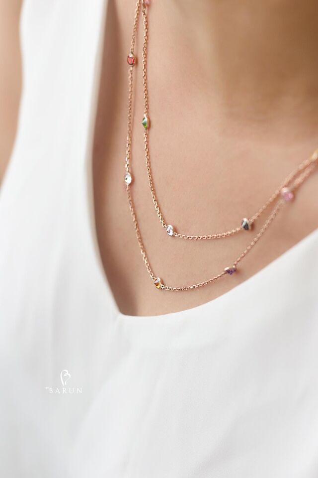 Uzun Zincir Sıralı Renkli Taşlı 925 Ayar 1 Metre Gümüş Kolye