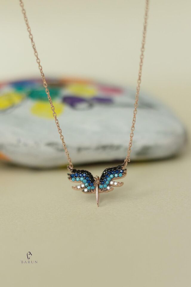 Mikail Meleği Renkli Mavi Taşlı 925 Ayar Gümüş Kolye