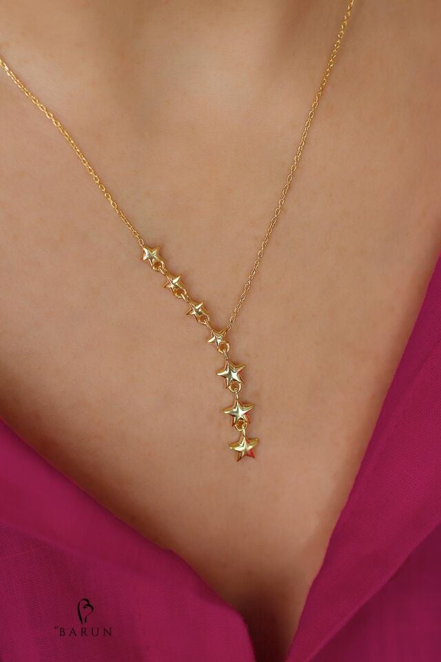 7 Sıralı Kayan Yıldız 925 Ayar Sarı Renk Şık Gümüş Kolye