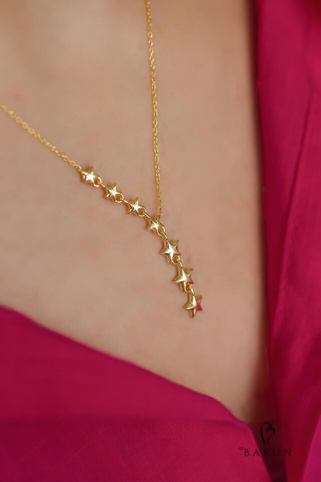 7 Sıralı Kayan Yıldız 925 Ayar Sarı Renk Şık Gümüş Kolye