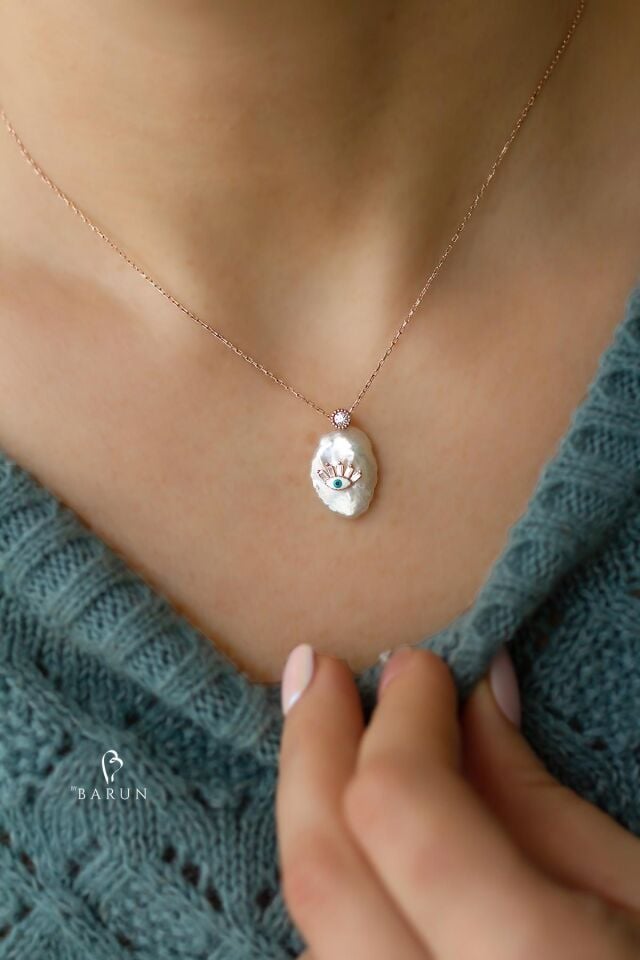 Nazar Göz Beyaz Barok İnci Tek Taş Gümüş Kolye