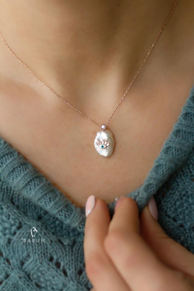 Nazar Göz Beyaz Barok İnci Tek Taş Gümüş Kolye