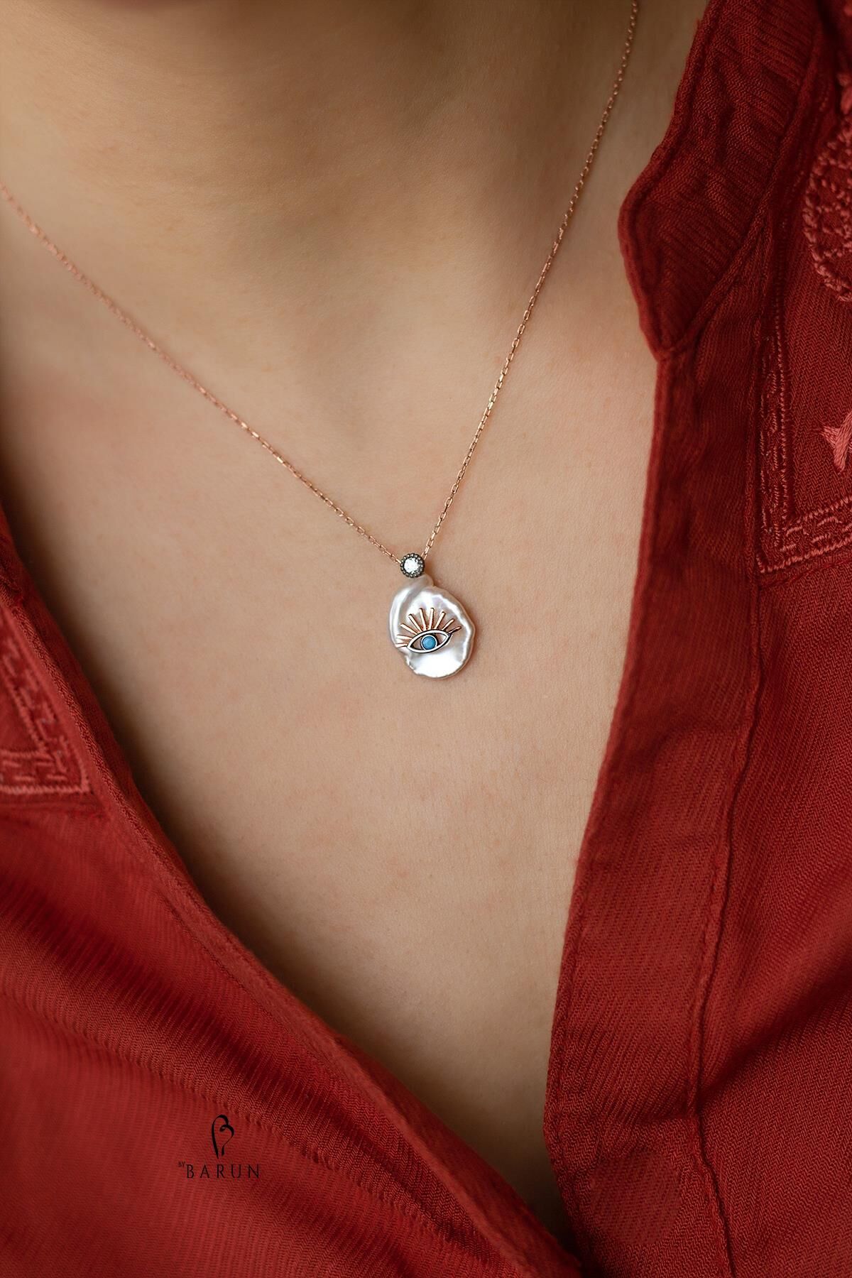 Göz Nazar Beyaz Barok İnci Tek Taş Gümüş Kolye