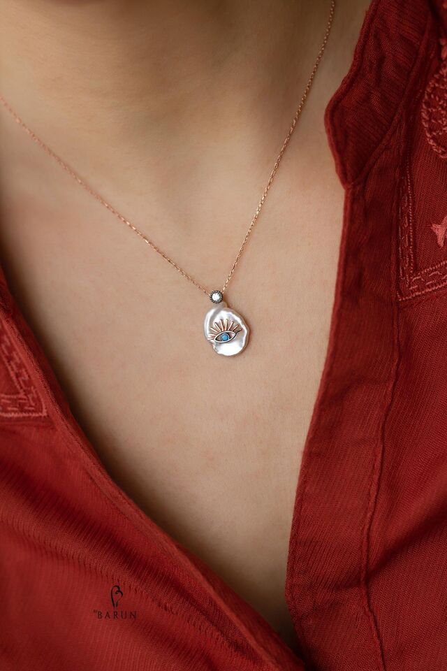 Göz Nazar Beyaz Barok İnci Tek Taş Gümüş Kolye