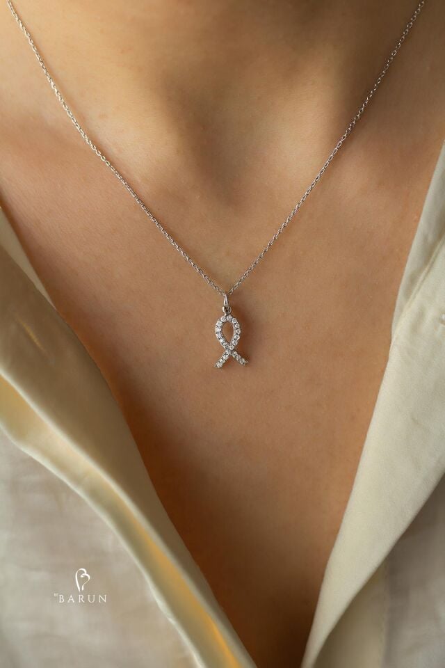 Kurdele Model Beyaz Yuvarlak Taşlı 925 Ayar Gümüş İyilik, Farkındalık, Mücadele Kolyesi