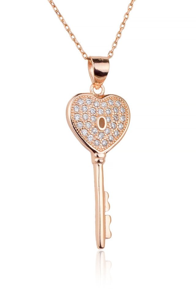Kalpli Anahtar Kolye - Rose-Gümüş