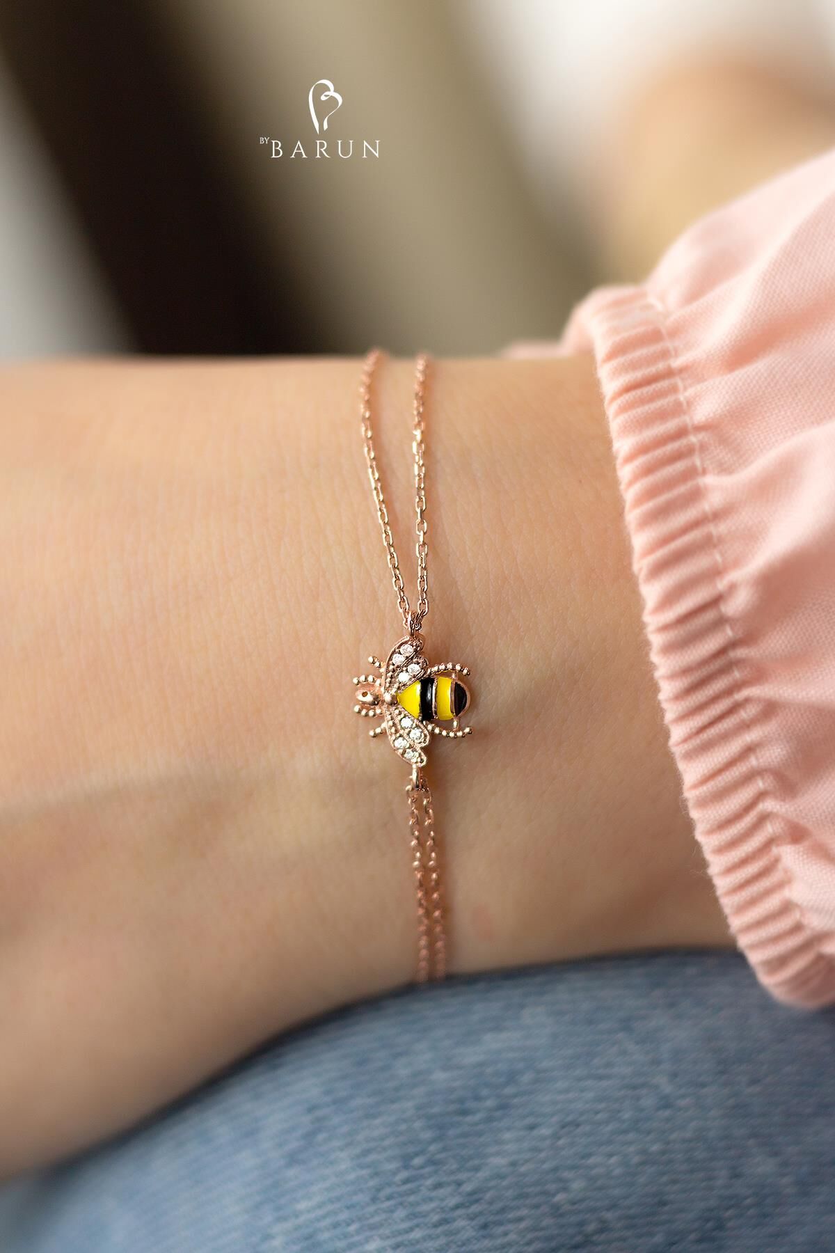 Arılı bileklik  Mineli Beyaz Taşlı Bereket Şans Sembolü 925 Ayar Gümüş zincir Bileklik