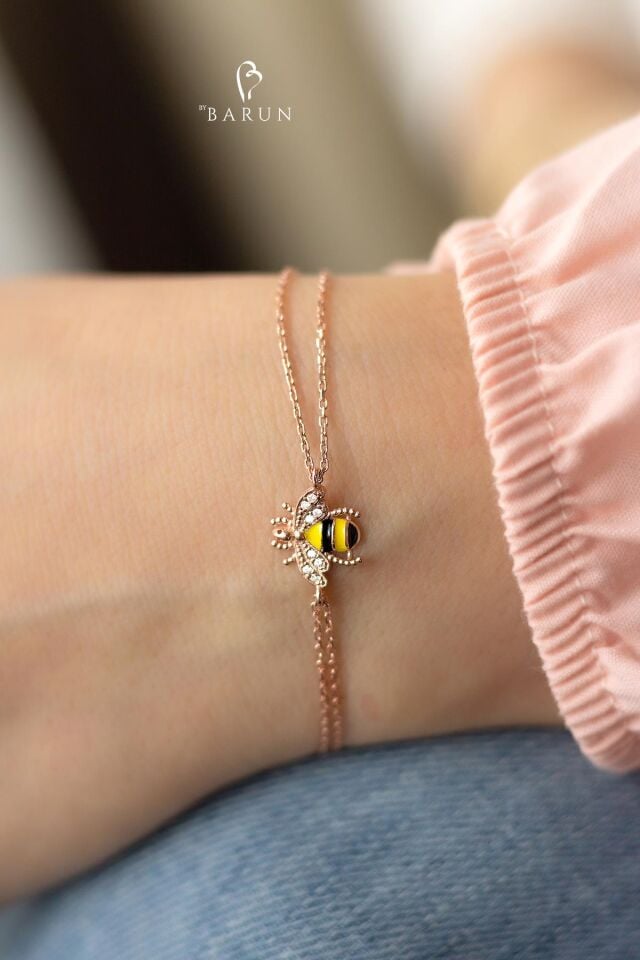 Arılı bileklik  Mineli Beyaz Taşlı Bereket Şans Sembolü 925 Ayar Gümüş zincir Bileklik