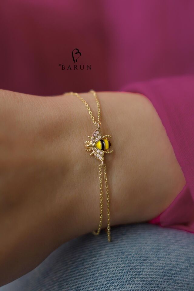 Arılı bileklik  Mineli Beyaz Taşlı Bereket Şans Sembolü 925 Ayar Gümüş zincir Bileklik