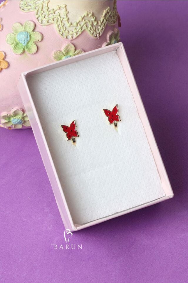 Kırmızı Kelebek Model Benekli 925 Ayar Kız Çocuk Gümüş Küpe