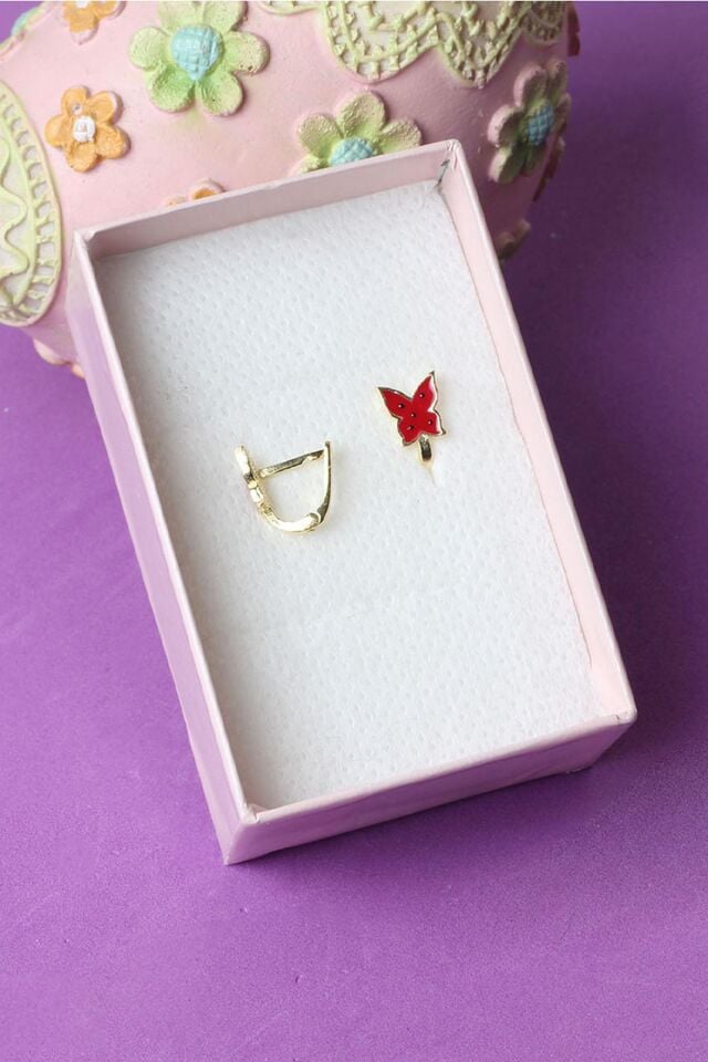 Kırmızı Kelebek Model Benekli 925 Ayar Kız Çocuk Gümüş Küpe