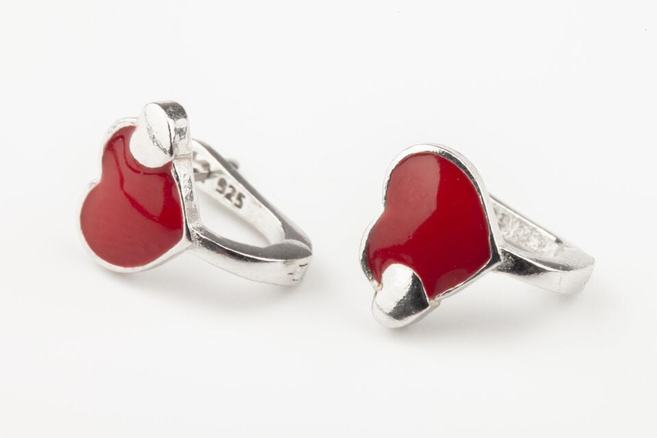 Kırmızı Kalp Model Kız Çocuk 925 Ayar Gümüş Çocuk Gümüş Küpe