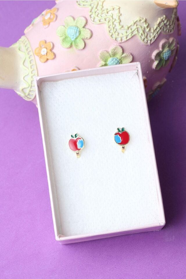 Elma Kırmızı Mineli Kız Çocuk Model 925 Ayar Gümüş Küpe