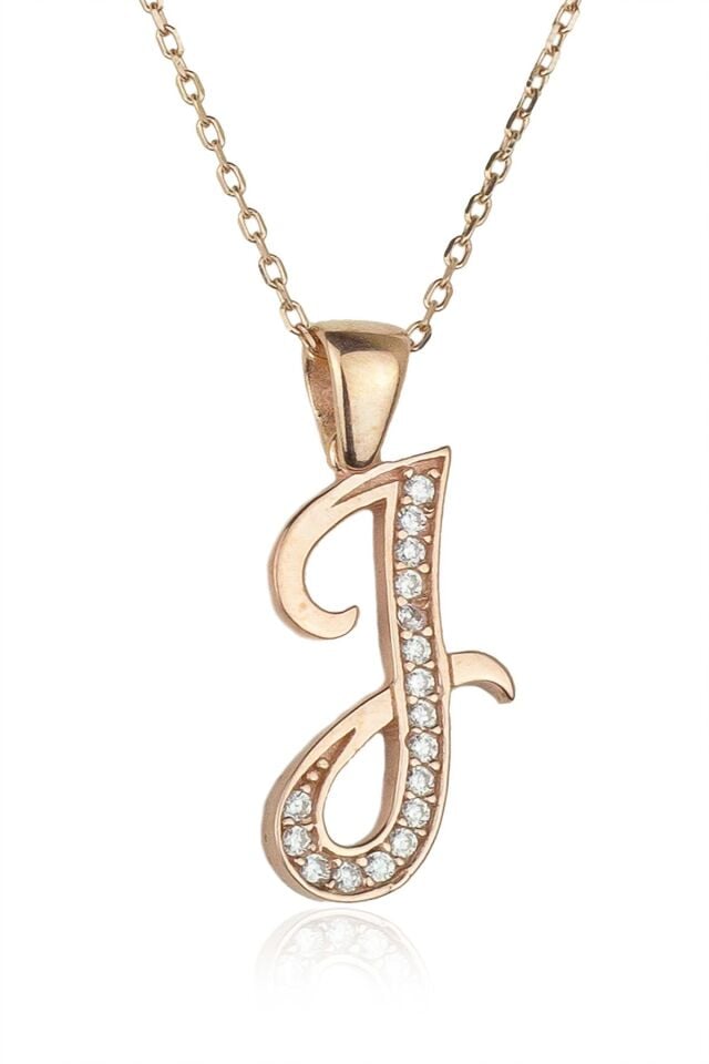 Harf Kolye 925 Ayar J Harfi Gümüş Kolye - Rose