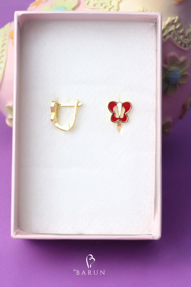 Kelebek Model Kırmızı Mineli Kız Çocuk 925 Ayar Gümüş Küpe