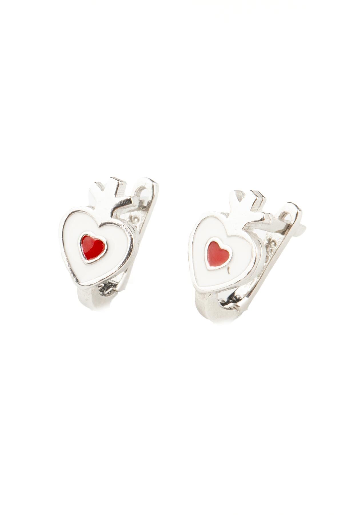 Kalp Beyaz Kırmızı Mineli Kız Çocuk 925 Ayar Gümüş Küpe