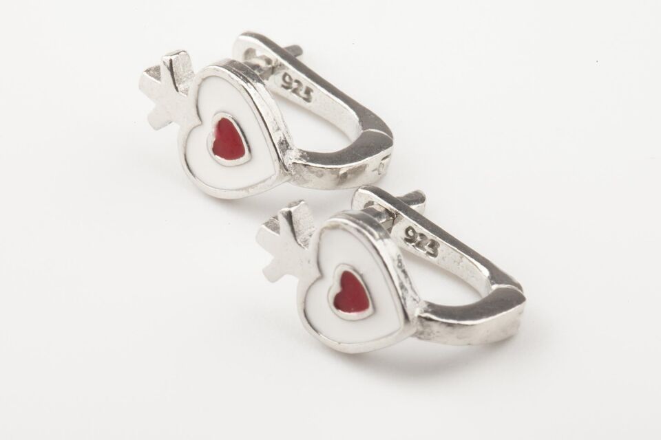 Kalp Beyaz Kırmızı Mineli Kız Çocuk 925 Ayar Gümüş Küpe