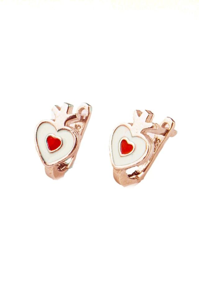 Kalp Beyaz Kırmızı Mineli Kız Çocuk 925 Ayar Gümüş Küpe