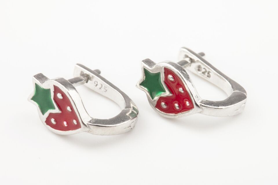 Çilek Model Kırmızı Mineli Kız Çocuk 925 Ayar Gümüş Küpe