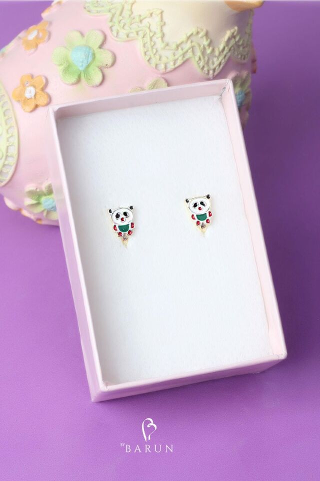 Panda Model Mineli Kız Çocuk 925 Ayar Gümüş Küpe