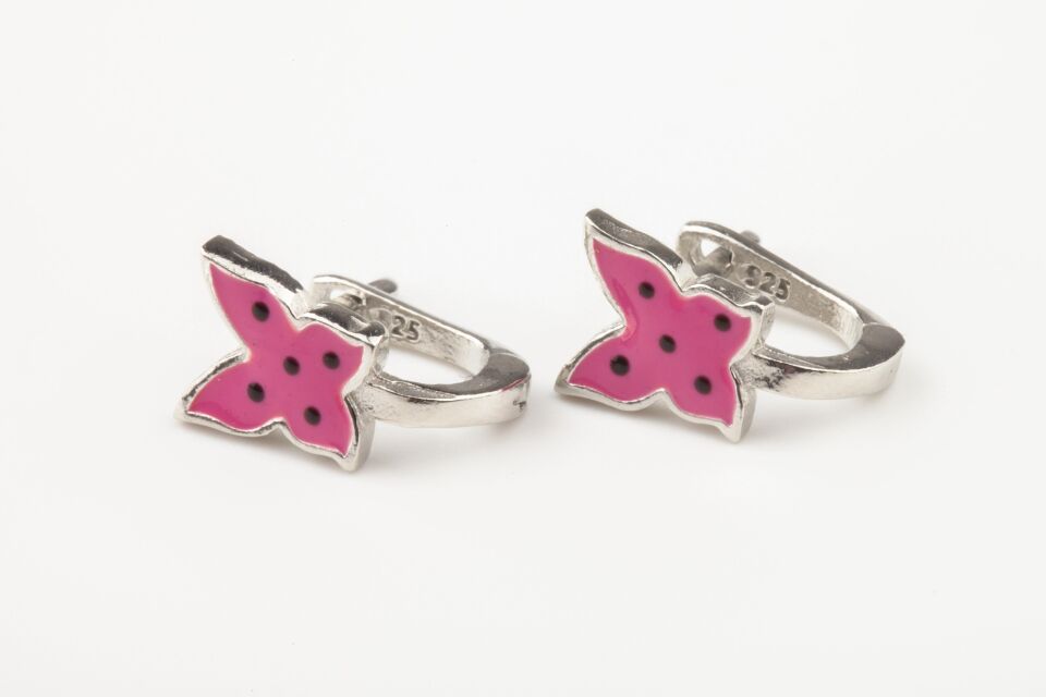 Kelebek Model Benekli Pembe Kız Çocuk Mineli 925 Ayar Gümüş Küpe