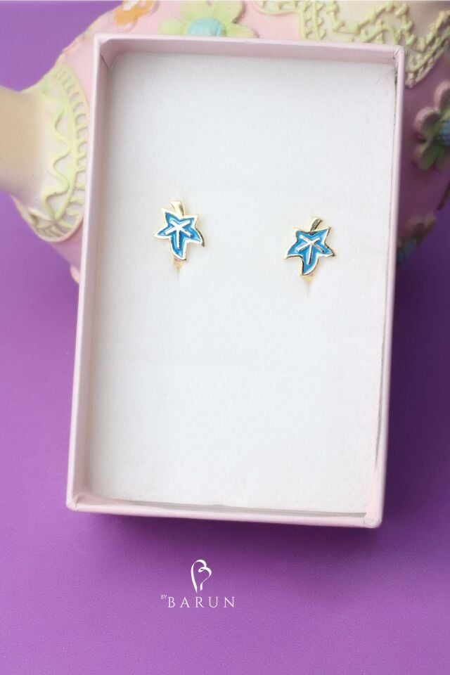 Yaprak Mavi Turkuaz Renk Mineli Kız Çocuk 925 Ayar Gümüş Küpe