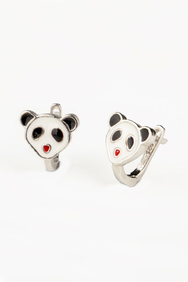 Panda Model Siyah Beyaz Mineli Kız Çocuk 925 Ayar Gümüş Küpe