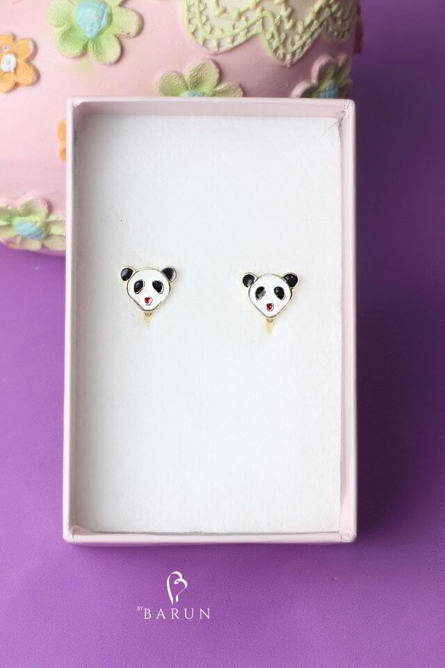 Panda Model Siyah Beyaz Mineli Kız Çocuk 925 Ayar Gümüş Küpe