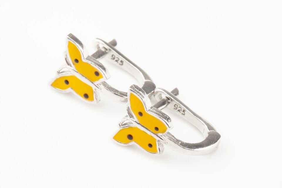 Sarı Benekli Kelebek Model Mineli 925 Ayar Gümüş Kız Çocuk  Küpe