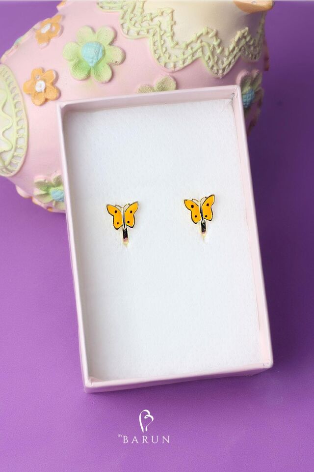 Sarı Benekli Kelebek Model Mineli 925 Ayar Gümüş Kız Çocuk  Küpe