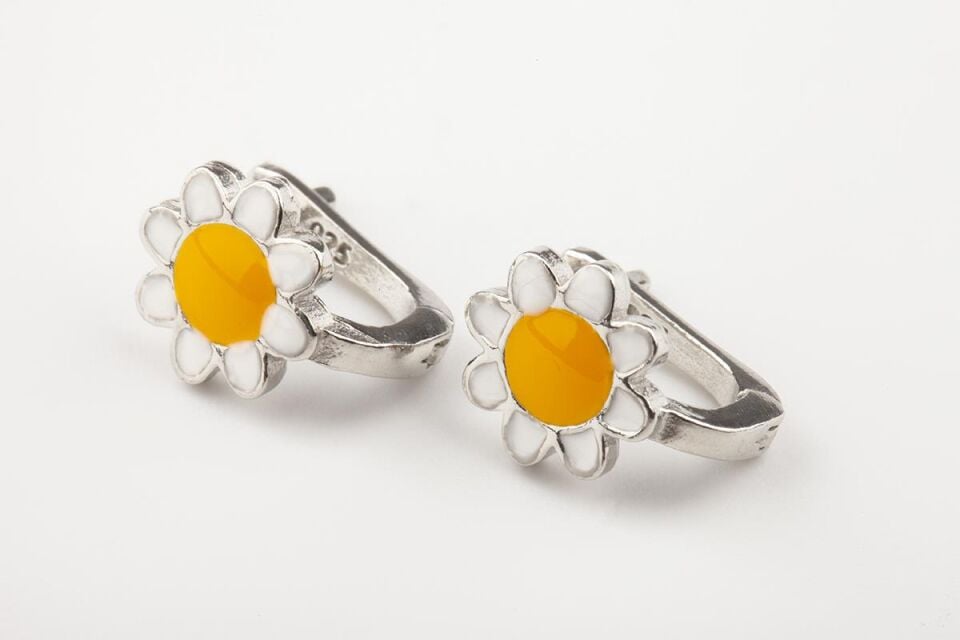 Papatya Model Sarı Mineli  925 Ayar Kız Çocuk Gümüş Küpe