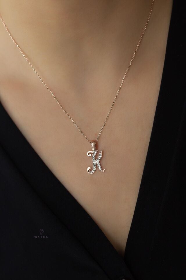 Harf Kolye 925 Ayar K Harfi Gümüş Kolye - Rose
