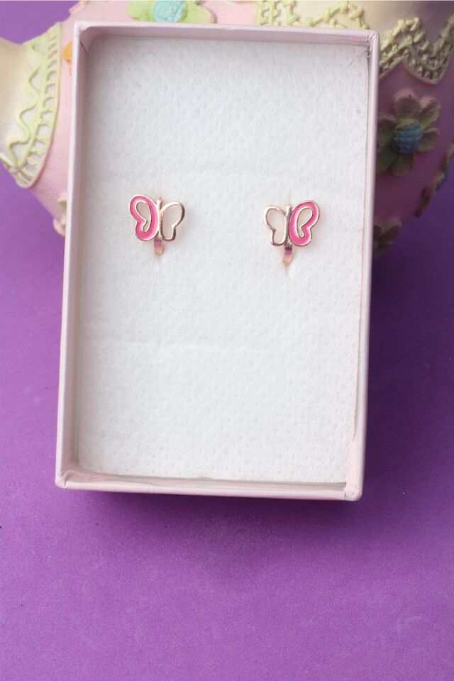 Kelebek  Model  Pembe Minel Kız Çocuk 925 Ayar Gümüş Küpe